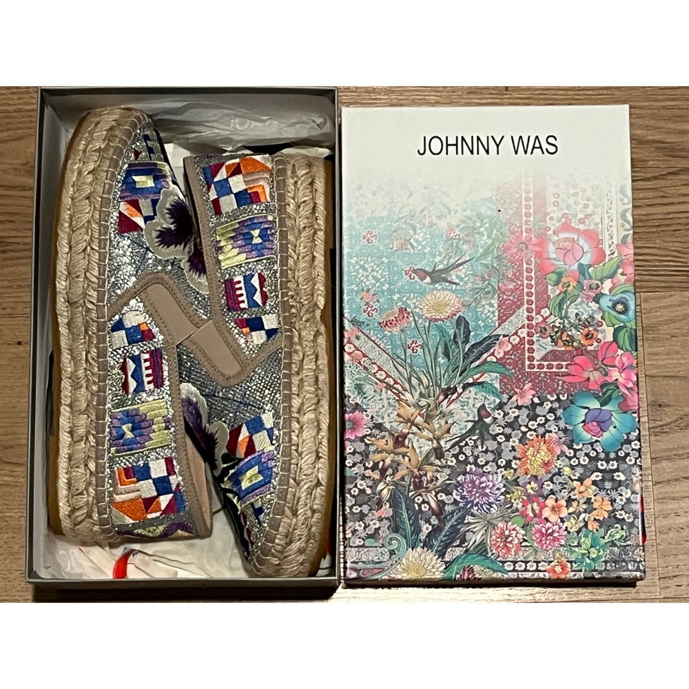 Johnny Was Madrid Espadrille Womens 9.5 Silver Multi Floral Embroidered Metallic - Picture 7 of 16